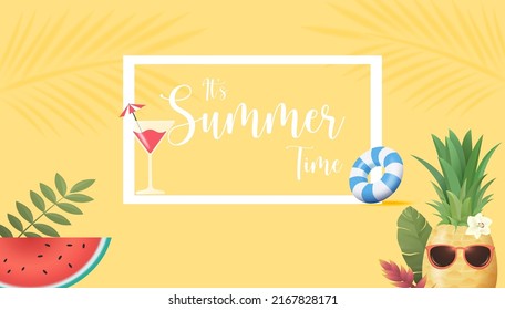 3D Realistic Summer Time Holiday Banner Design with Colorful Beach Elements Background. Vector Illustration. Summer Sale, Post Template, 3D Tropical Element. 