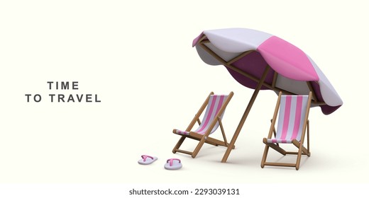 3d realistic summer vacation concept with beach chair,umbrella and summer elements. Vector illustration.