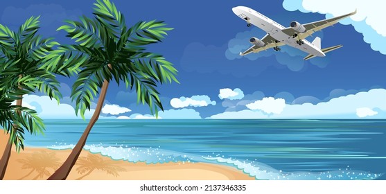 3D realistic summer vacation design for traveling on an island with palm trees and a flying airplane. Vector illustration