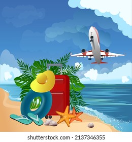 3D realistic summer vacation design for traveling on the sandy beach of the island with summer items. Vector illustration