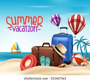 3D Realistic Summer Vacation Poster Design with Bags in Beach Sea Shore. Vector Illustration
