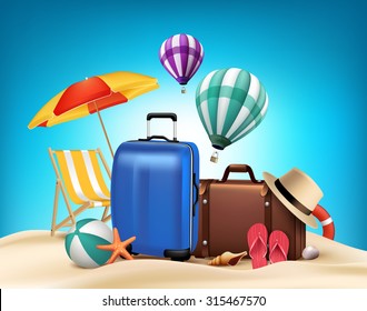 3D Realistic Summer Vacation Poster Design with Bags in Beach Sea Shore. Vector Illustration
