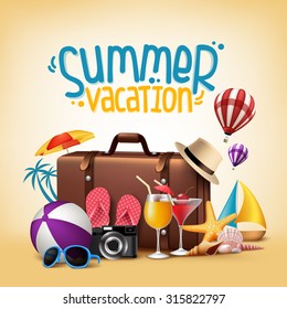 3D Realistic Summer Vacation Poster Design for Travel with Editable Elements. Vector Illustration
