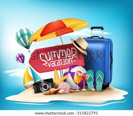 3D Realistic Summer Vacation Poster Design for Travel in a Sand Beach Island in Horizon. Vector Illustration
