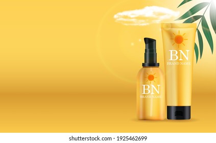 3D Realistic sun Protection Cream Bottle on Sunny Background with cloud, palm leaves. Design Template of Fashion Cosmetics Product. Vector Illustration EPS10