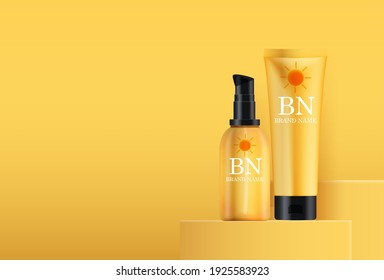3D Realistic sun Protection Cream Bottle on Sunny Yellow Background. Design Template of Fashion Cosmetics Product. Vector Illustration EPS10