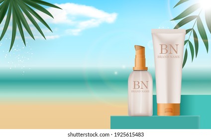 3D Realistic sun Protection Cream Bottle set on Summer Sea Background, palm leaves. Design Template of Fashion Cosmetics Product. Vector Illustration EPS10