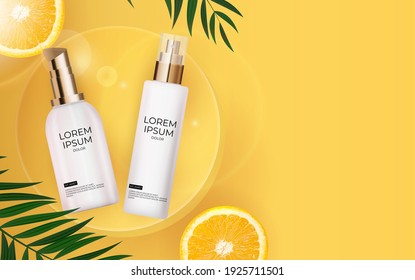 3D Realistic sun Protection Cream Bottle on Sunny Yellow Background with palm leaves, orange and podium. Design Template of Fashion Cosmetics Product. Vector Illustration EPS10