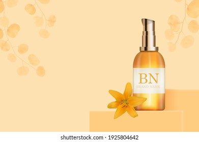 3D Realistic sun Protection Cream Bottle on Sunny Yellow Background. Design Template of Fashion Cosmetics Product. Vector Illustration EPS10