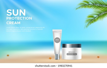 3d realistic sun protection cream bottle on summer seaside