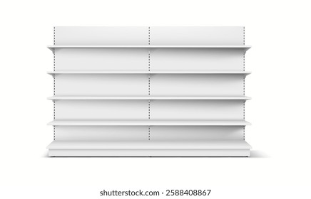 3D realistic supermarket shelf mockup with open shelves to present store products or branding designs.