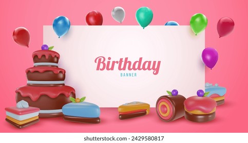 3d realistic sweet bakery composition in bright style. concept art for background banner, poster, flyer.  Vector illustration.