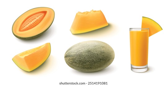 3d realistic sweet cantaloupe melon fruit vector. Muskmelon slice and juice glass for dessert. Delicious tropical orange honeydew half piece for advertising. Fresh summer mellow cocktail to drink