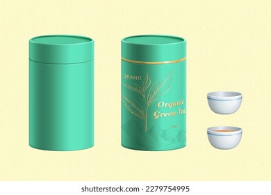 3D realistic tea canister and teacup element set isolated on pale yellow background.