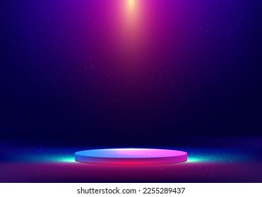 3D realistic technology cyberpunk style blue and pink neon colors podium cylinder platform stand with glowing lighting effect on dark blue background. Vector illustration
