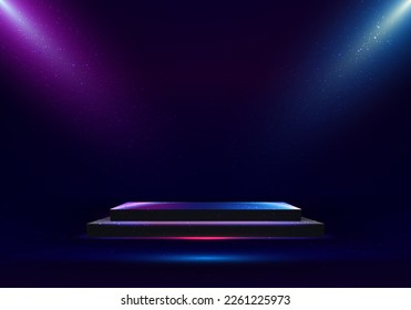 3D realistic technology cyberpunk style empty black podium pedestal box stand with glowing neon lighting effect and dust particle on dark background. Product display for innovation tech, showroom