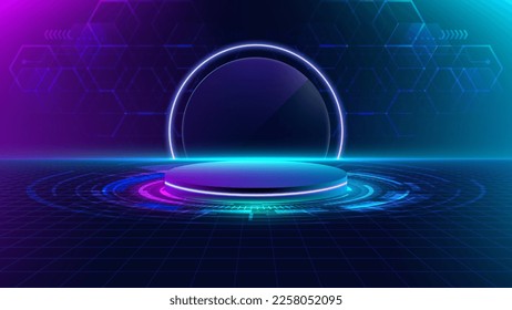 3D realistic technology digital cyberpunk podium display neon lighting circle portal with HUD geometric elements and lighting effect on dark blue background. You can use for show product tech, game