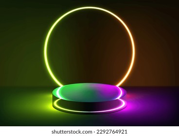 3D realistic technology digital cyberpunk podium display neon lighting with glow neon colors lines circle backdrop with lighting effect on dark blue background. You can use for show product tech, game