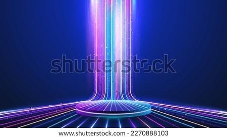 3D realistic technology digital cyberpunk podium display neon lighting with glow neon colors lines with lighting effect perspective on dark blue background . 5G network high speed internet wireless
