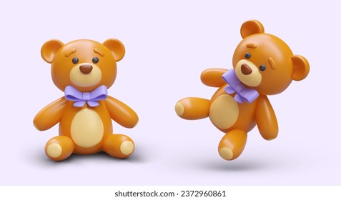 Oso de peluche 3d realista con arco morado en diferentes posiciones. Juguete colorido para los niños. 3d objeto para la campaña publicitaria de la tienda de juguetes. Ilustración vectorial en colores púrpura