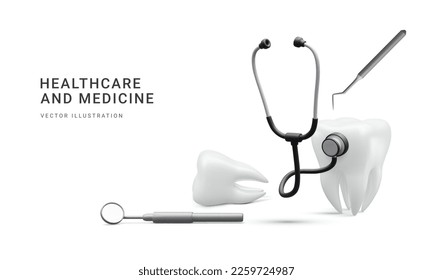 3d realistic teeth with medical equipment isolated on white background. Oral health and dental inspection teeth. Concept of diagnostics. Vector illustration