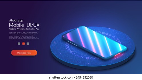 3D realistic template of an imaginary phone with the neon reflection on the screen. Perspective view of the smartphone on the podium. The layout of the device. Presentation of the interface design.