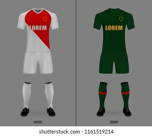 3D realistic template soccer jersey of Monaco t-shirt with pants and socks on shop backdrop. Mockup of football team uniform
