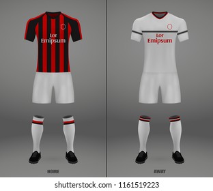 3D realistic template soccer jersey of Milan. t-shirt with pants and socks on shop backdrop. Mockup of football team uniform
