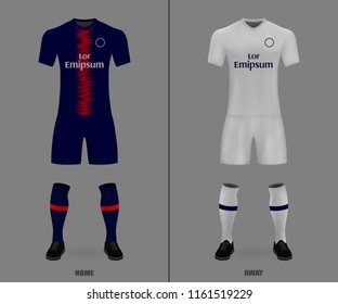 3D realistic template soccer jersey of PSG. t-shirt with pants and socks on shop backdrop. Mockup of football team uniform
