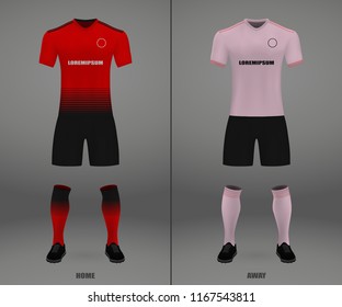 3D realistic template soccer jersey of Manchester United. t-shirt with pants and socks on shop backdrop. Mockup of football team uniform 