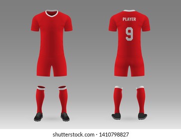 3D realistic template soccer kit with jersey, pants and socks on shop backdrop. Mockup of football team uniform