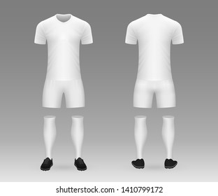 3D Realistic Template Soccer Kit With Jersey, Pants And Socks On Shop Backdrop. Mockup Of Football Team Uniform