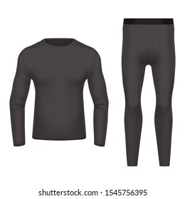 3d or realistic thermal wear front and back view. Black clothing for winter, warm shirt and pants. Blank or empty closeup of sportswear. Ski apparel mockup. Man or woman, men or women underwear