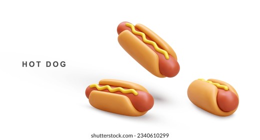 3 d realistas tres Hot Dog sobre fondo blanco. Ilustración vectorial.