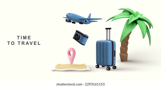 3d realistic - Time to travel with suitcase, palm tree, hat, camera, airplane, map. Vector illustration.