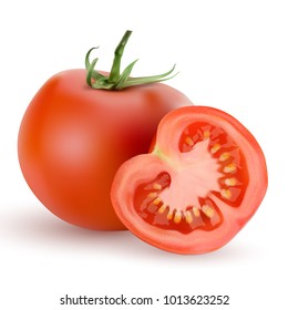 3d realistic Tomato and slice isolated on on white background vector illustration. Realistic fresh juicy tomato with green twig and slice on white background.