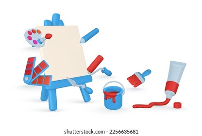 3d realistic tools for paint. Easel, paint tube, brush, roller brash, palette knife, color palette, pencil and tin of paint in cartoon style. Vector illustration.