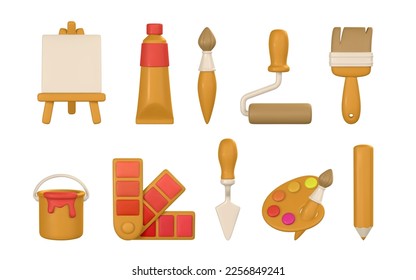 3d realistic tools for paint. Easel, paint tube, brush, roller brash, palette knife, color palette, pencil and tin of paint in cartoon style. Vector illustration.