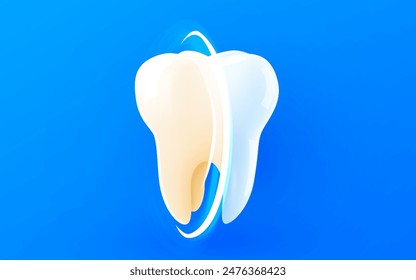 3d realistic tooth. Light vortex around white tooth. teeth whitening, dental care, protection and whitening. Vector illustration