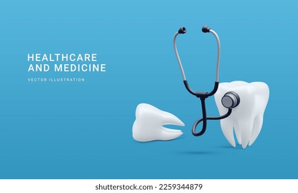 3d realistic tooth with medical stethoscope isolated on blue background. Oral health and dental inspection teeth. Concept of diagnostics. Vector illustration