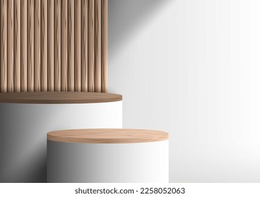 3D realistic top of wood surface white podium stand pedestal with wooden slats backdrop on clean background. You can use for beauty and spa product presentation, cosmetic display mockup, showcase, etc