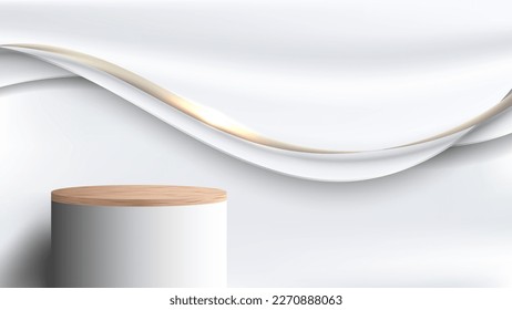 3D-realistisches Oberteil aus weißem Holzpolster mit abstraktem, luxuriösem, weißem Satin-Stoff mit goldenem Wellenband und Lichteffekt auf sauberem Hintergrund.