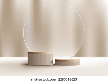 3D realistic top of wood surface podium platform stand with circle transparent glass minimal wall scene on beige background. Product display mockup for beauty cosmetic, showroom, showcase