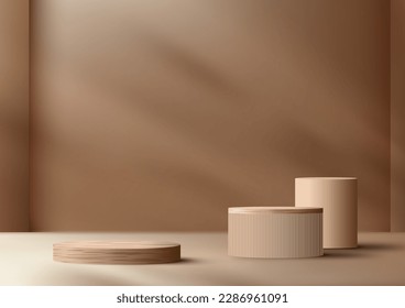 La parte superior realista de la plataforma de podio de la superficie de madera se apoya en una escena de pared mínima sobre fondo beige. Modelación de la pantalla del producto para cosmética de belleza, sala de exposición, escaparate, presentación, etc. Ilustración vectorial