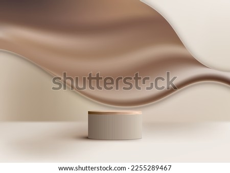 3D realistic top of wood surface podium platform stand with brown liquid or fluid backdrop on beige background luxury style. Product display for cosmetic, showroom, showcase, presentation, etc. Vector
