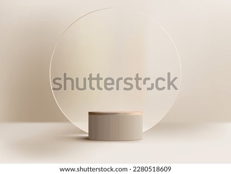 3D realistic top of wood surface podium platform stand with transparent circle glass backdrop on beige background luxury style. Product display for cosmetic, showroom, showcase, presentation, etc.