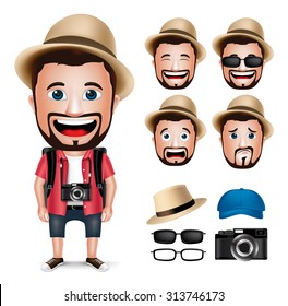 3D Realistic Tourist Man Character Wearing Casual Dress with Camera and Set of Head Facial Expression isolated in White Background. Vector Illustration
