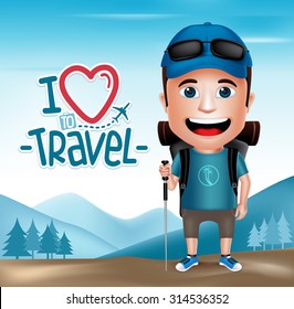3D Realistic Tourist Man Character Wearing Hiker Outfit Mountain Climber with Mountain Background.  Vector Illustration
