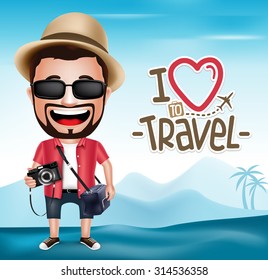 3D Realistic Tourist Man Character Wearing Photographer Outfit with Mountain Background.  Vector Illustration
