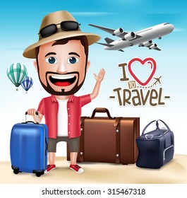 3D Realistic Tourist Man Character Wearing Summer Outfit with Set of Bags and Airplane.  Vector Illustration
